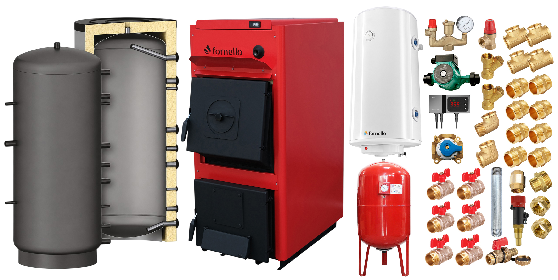 Pachet centrala pe combustibil solid Fornello T-PRO 40 kW, puffer, boiler, vas expansiune, fitinguri si accesorii de baza