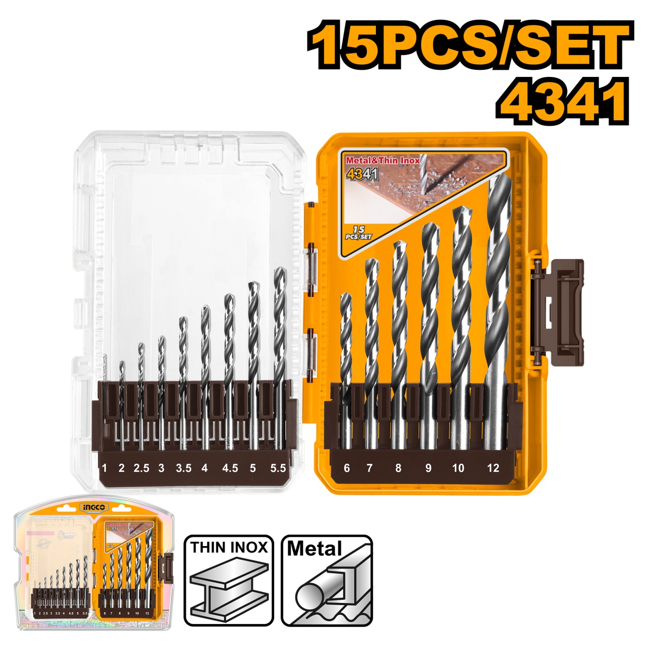 Set Burghie Metal Ingco 15 buc, HSS 4341, 1-12 mm