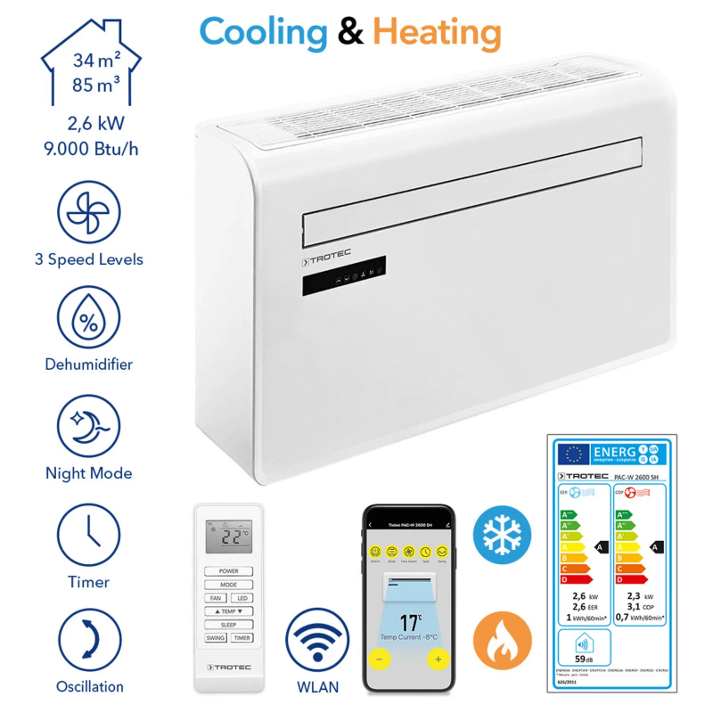 Aer condiționat perete Trotec PAC-W 2600 SH, 9000 BTU, WiFi - imagine 3