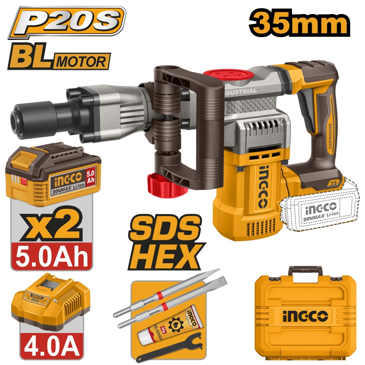 Picamer Demolator Profesional 20V INGCO CDBLI203582E, SDS HEX 35 mm, motor brushless, energie impact 16J, 0-3200 bpm, 2 acumulatori 5.0Ah, incarcator, cutie transport