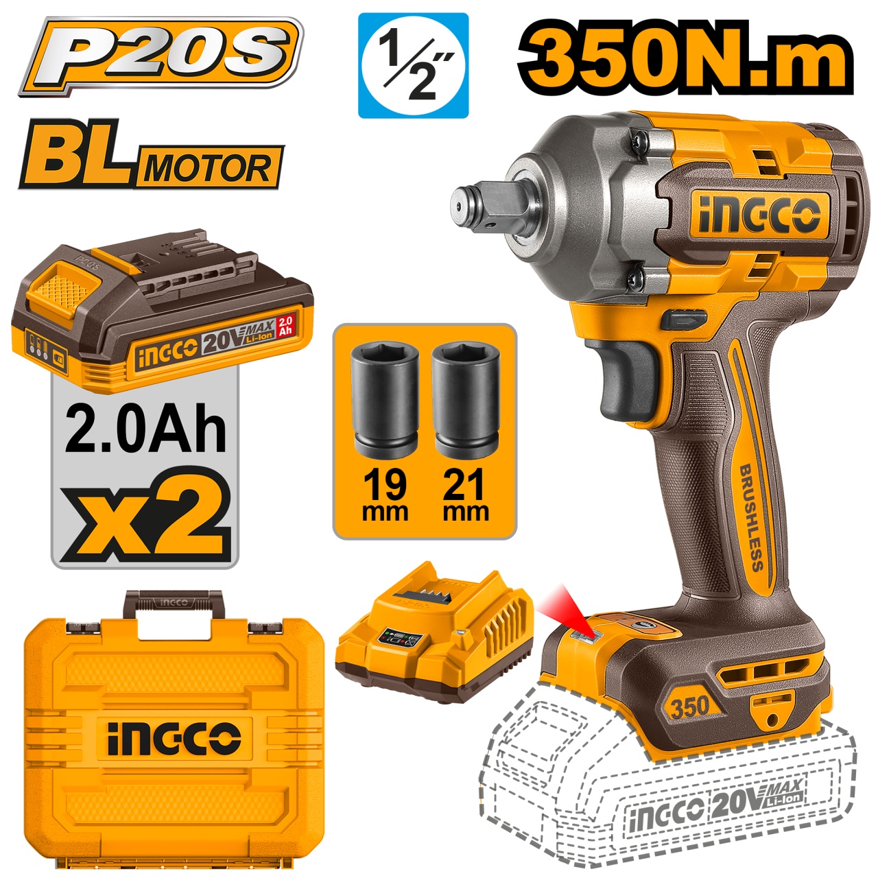 Filetantă Impact Ingco Brushless 350Nm + 2 Baterii - imagine 2