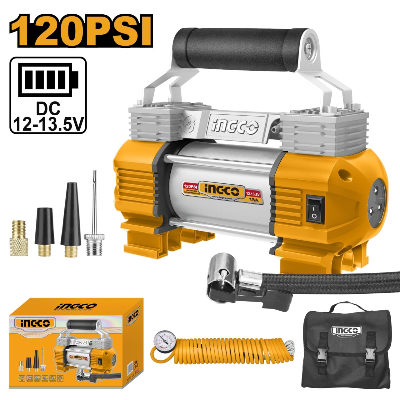 Compresor Auto Ingco 12V, 2 Cilindri, 8 Bar