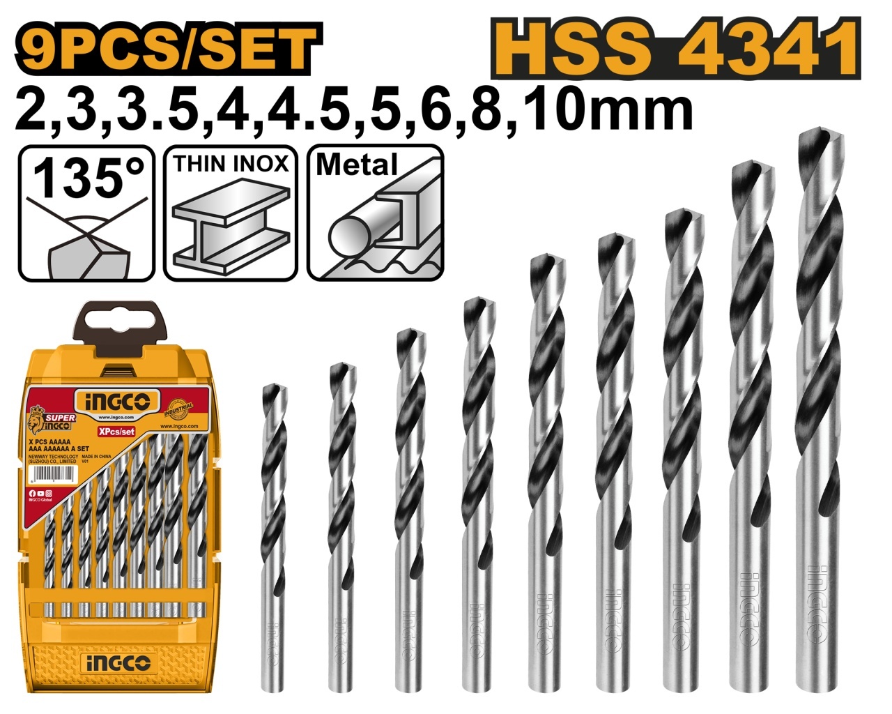 Set Burghie Metal Ingco AKD1095, 9 buc HSS 4341, 2-10 mm
