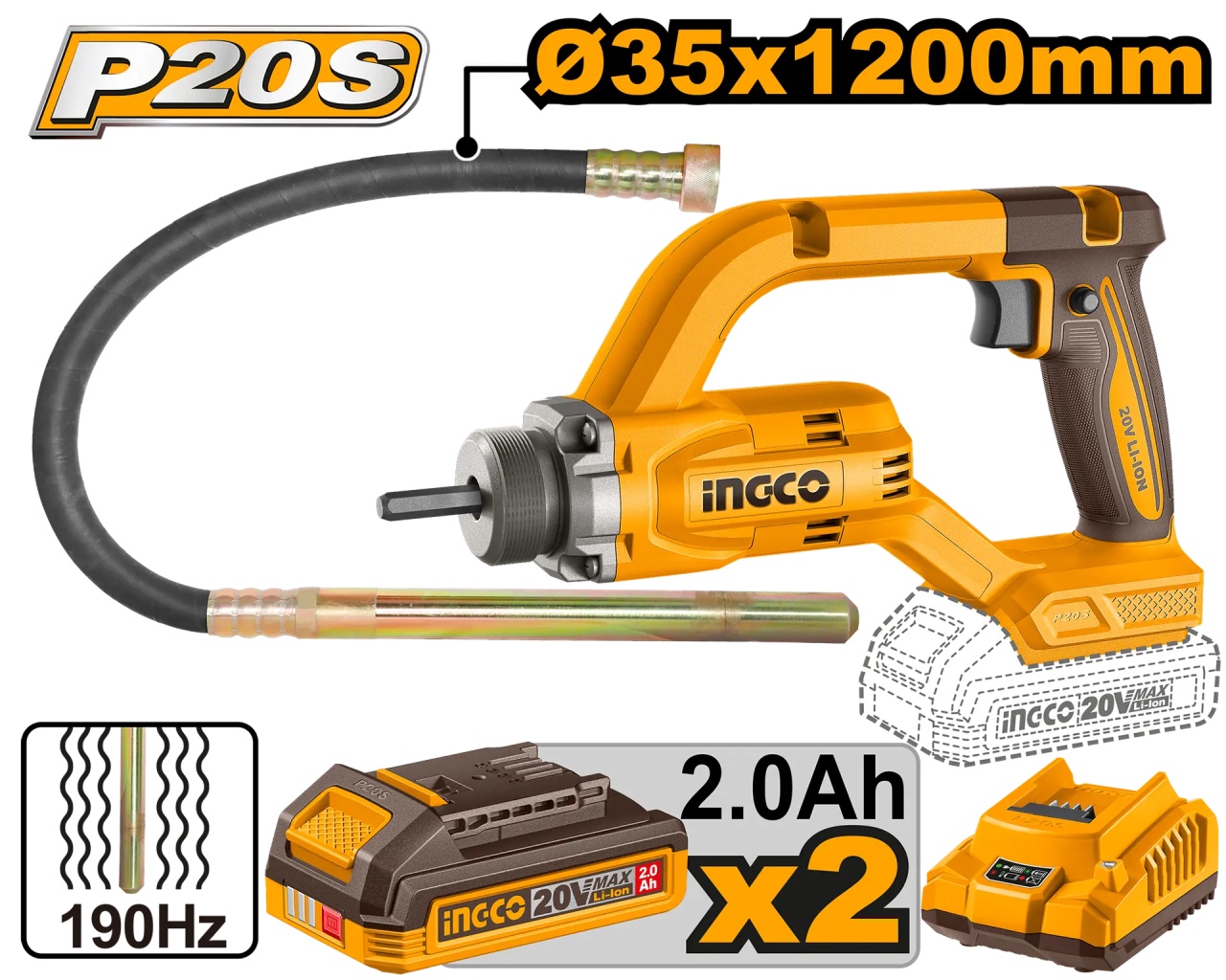 Vibrator Beton INGCO 20V Brushless, 2 Acumulatori 2Ah