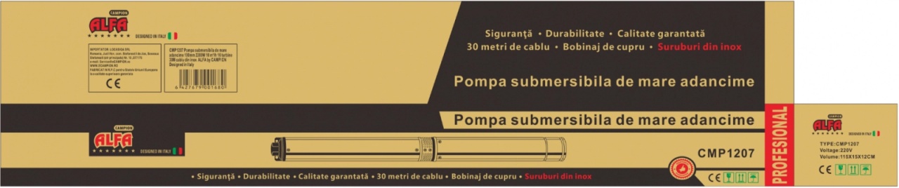 Pompa submersibila de mare adancime ALFA CMP1560, 4QJD2-80/16-2.2, 16 turbine, 2.2kW (3HP), 10.000 l/h, Hmax 160m, cablu 30m, diametru 100mm, racord 1-1.5", 110-220V, bobinaj cupru, inox – contine taxa EEE 35 RON - imagine 2