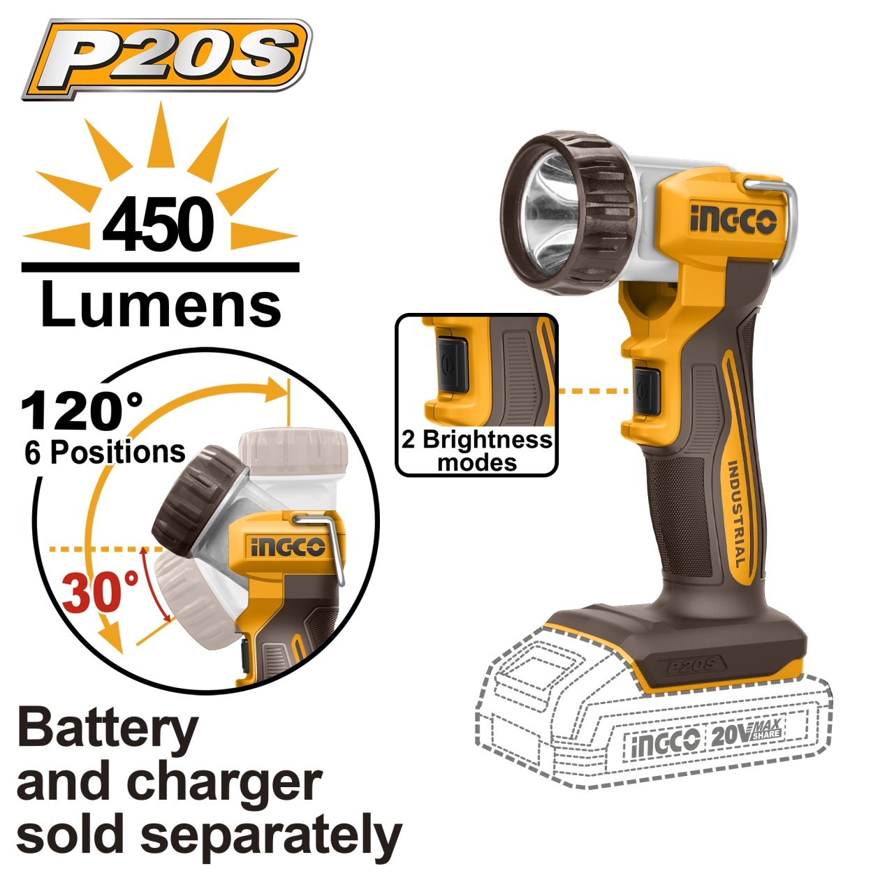 Lanternă Ingco 20V 450lm CWLI2058, Unghi Reglabil 120°
