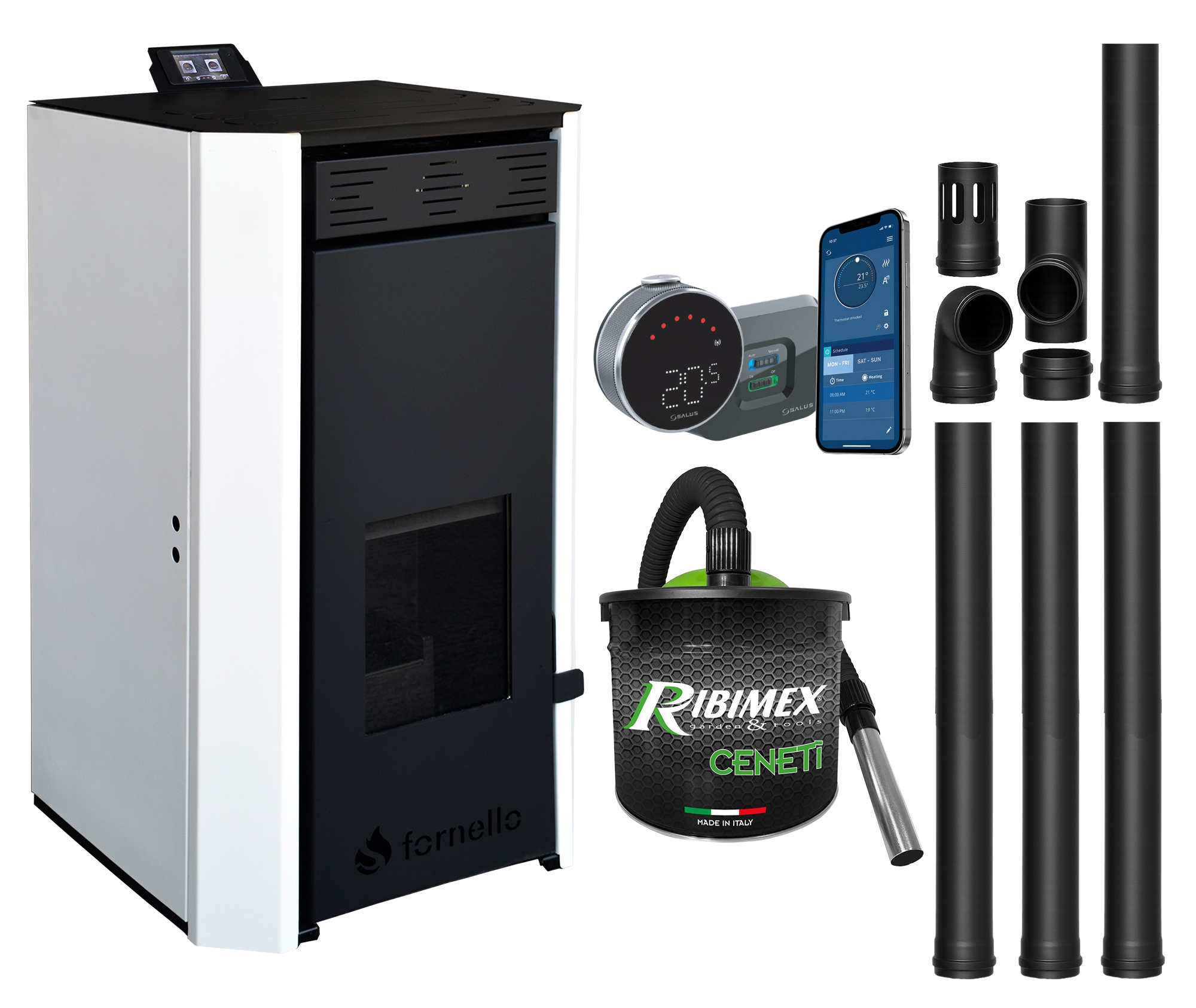 Pachet Termosemineu pe peleti Fornello EVA 30 KW, pompa circulatie, vas expansiune, Grup siguranta, WI-FI, buncar, tiraj fortat, kit evacuare, termostat Salus IT 800, aspirator, Clasa A++, recomandat pentru 200 mp, Alb
