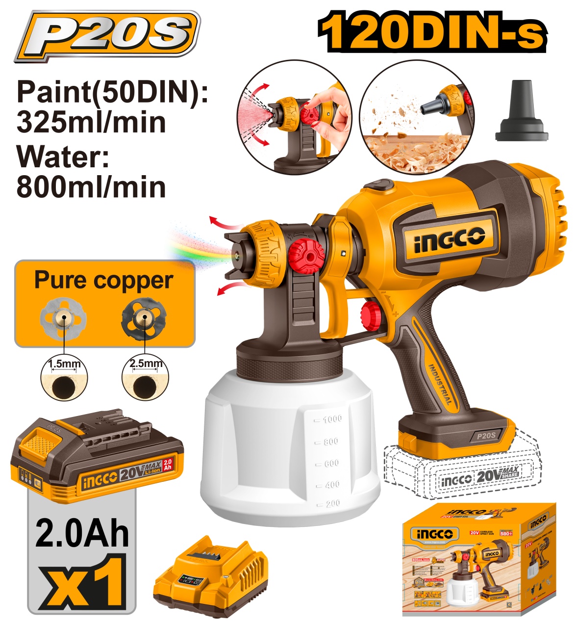 Pistol de vopsit INGCO 20V, 800 ml/min, cu acumulator