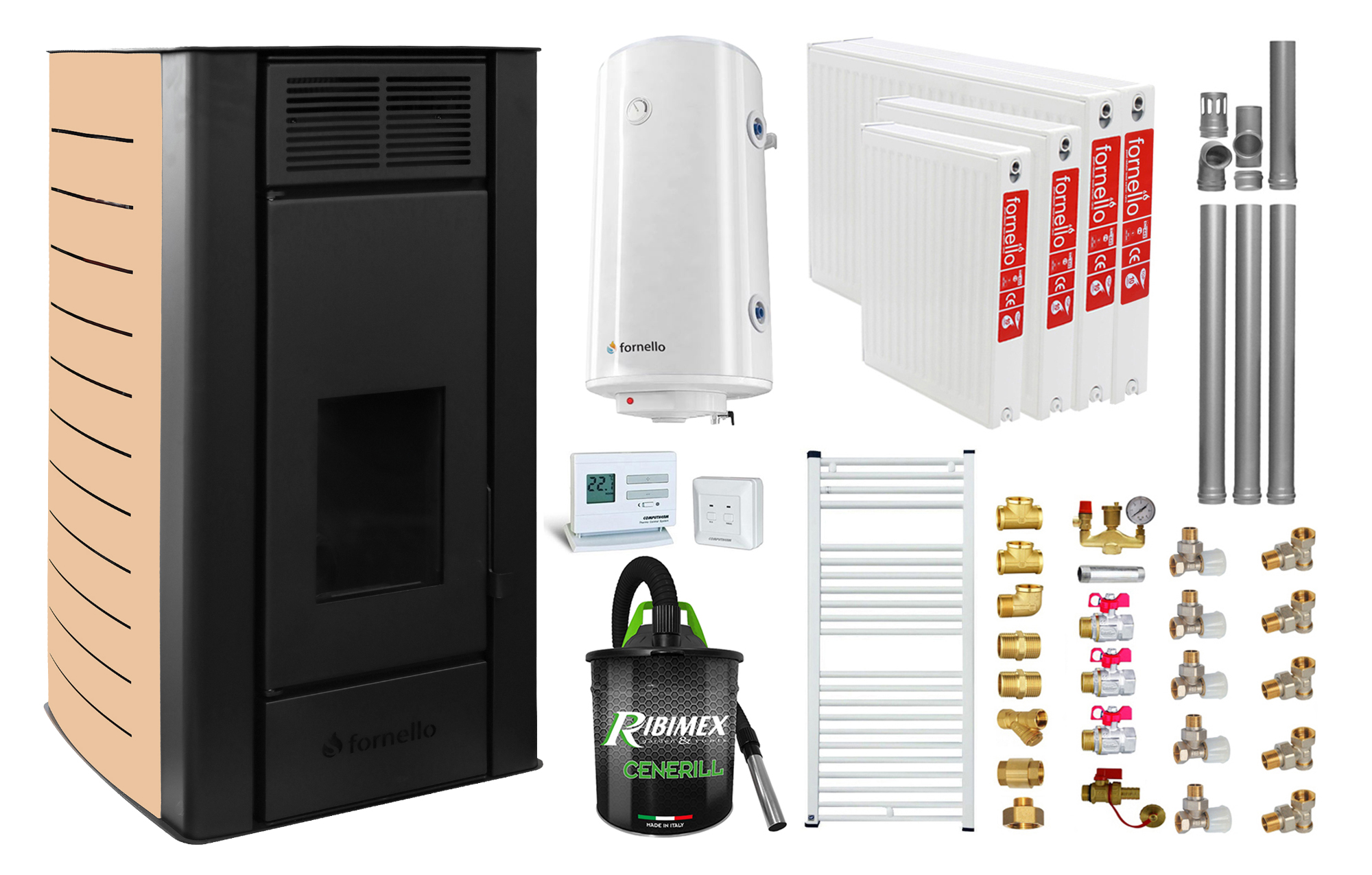 Pachet Complet Termosemineu Peleti 25kW Fornello