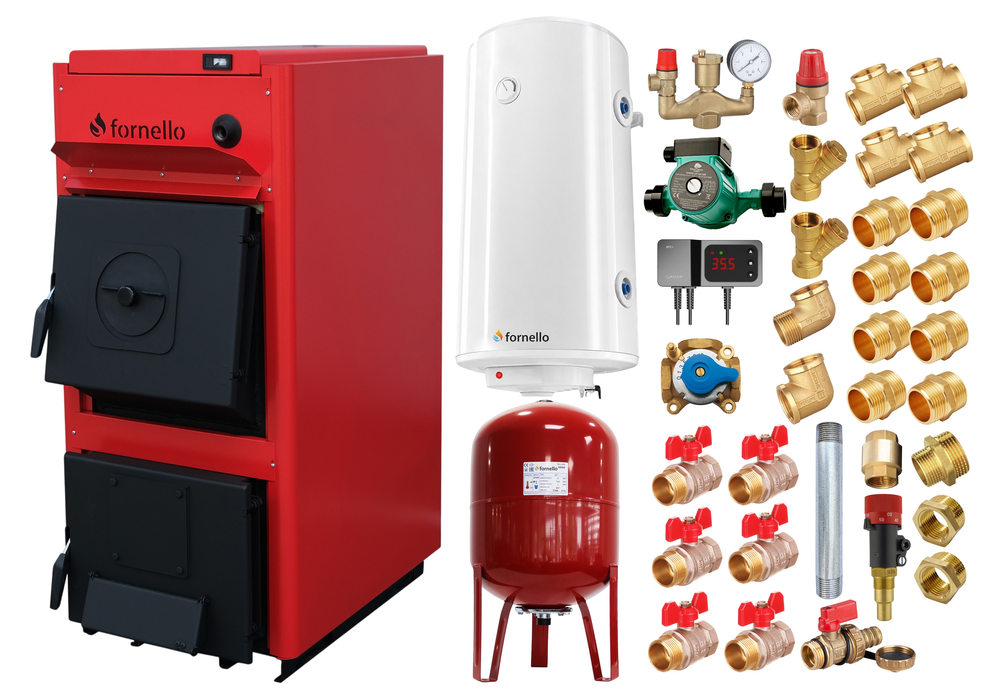 Pachet centrala pe combustibil solid Fornello T-PRO 40 kW, boiler, vas expansiune, fitinguri si accesorii de baza