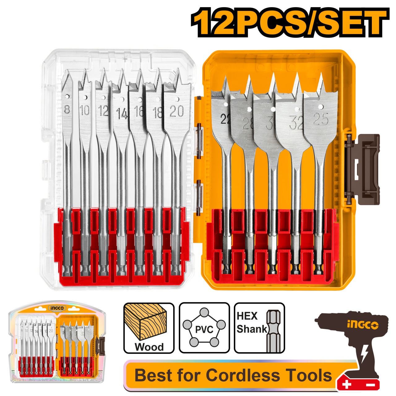 Set Burghie Plate Lemn Ingco 12 buc, 8-32 mm, Hex 1/4"