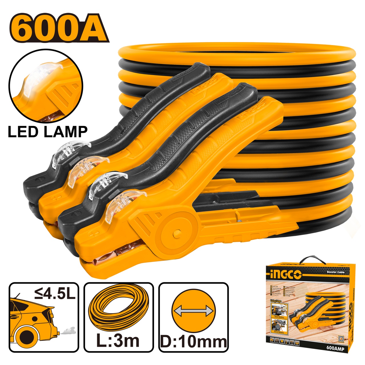 Cabluri Pornire Auto 600A Ingco 3m LED
