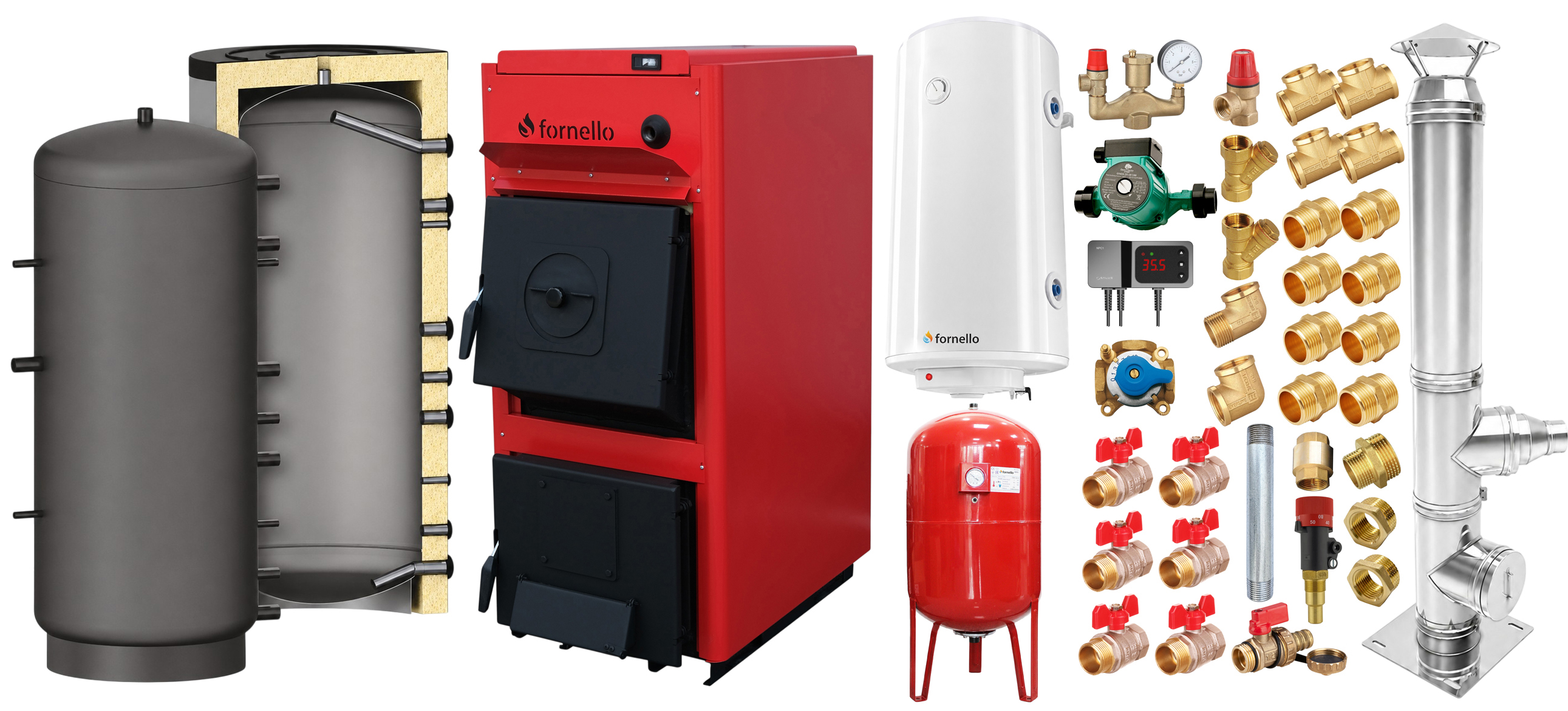 Pachet centrala pe combustibil solid Fornello T-PRO 40 kW, cos inox, puffer, boiler, vas expansiune, fitinguri si accesorii de baza