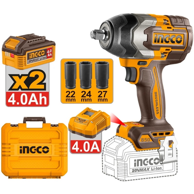 Filetanta impact INGCO 20V 850Nm, 2x4Ah, Brushless