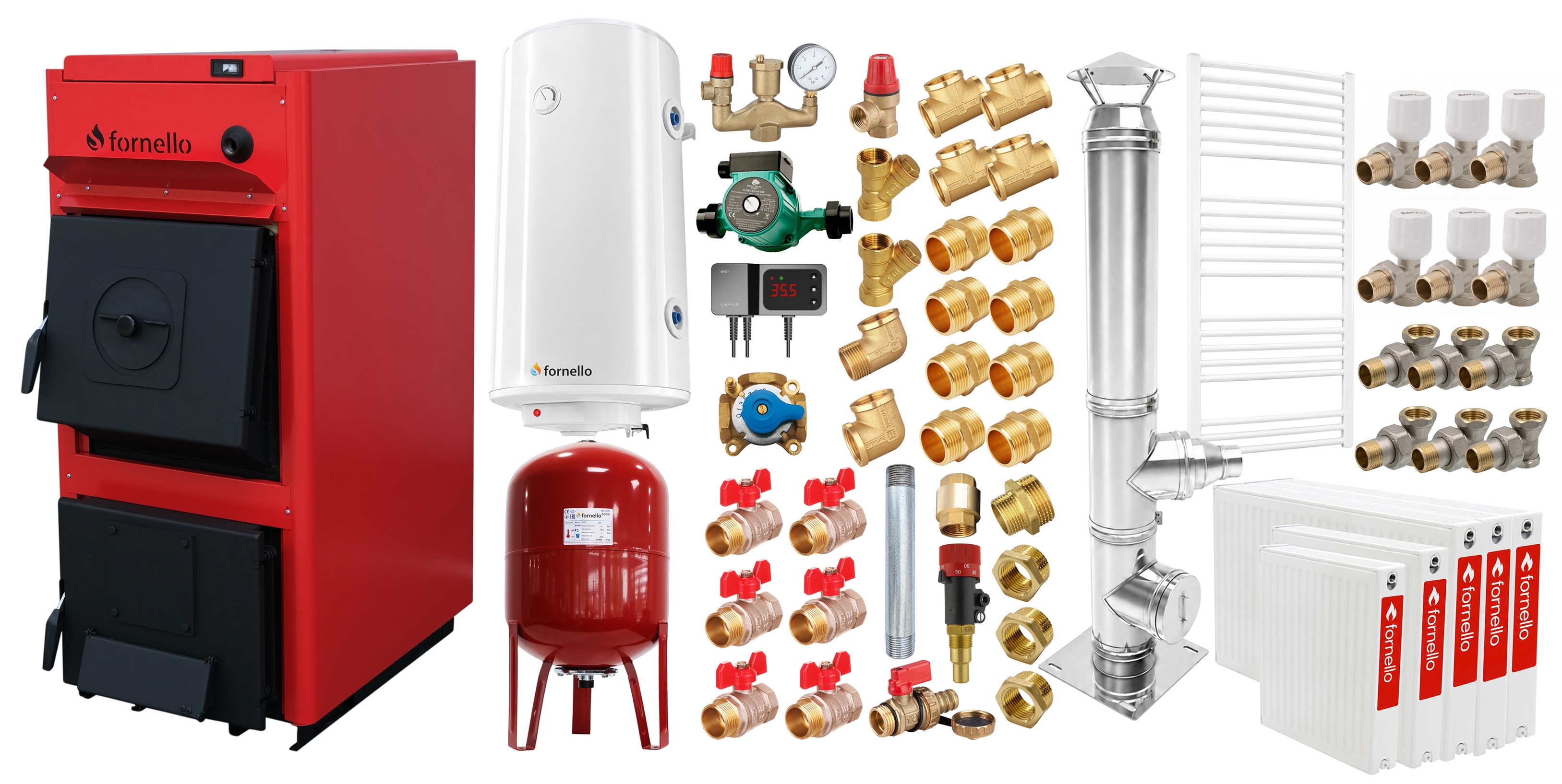Pachet centrala pe combustibil solid Fornello T-PRO 25 kW, cos inox, radiatoare otel, boiler, vas expansiune, fitinguri si accesorii de baza