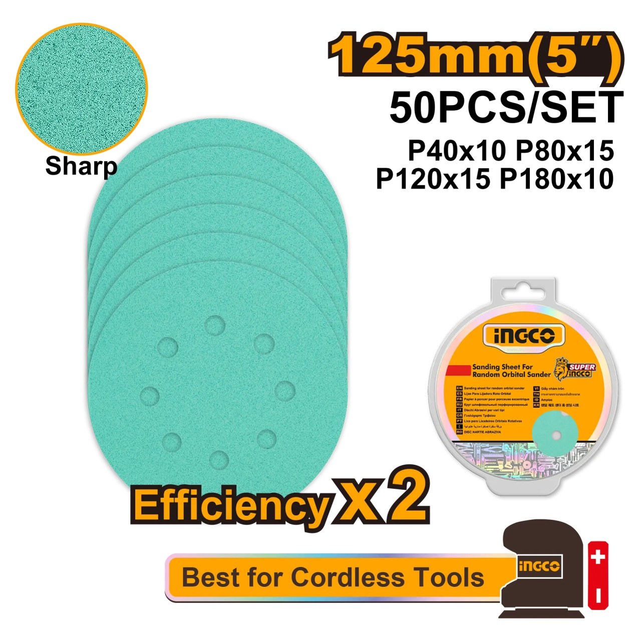 Set Smirghel Ingco 125mm, 50 Buc, P40-P180 - imagine 2