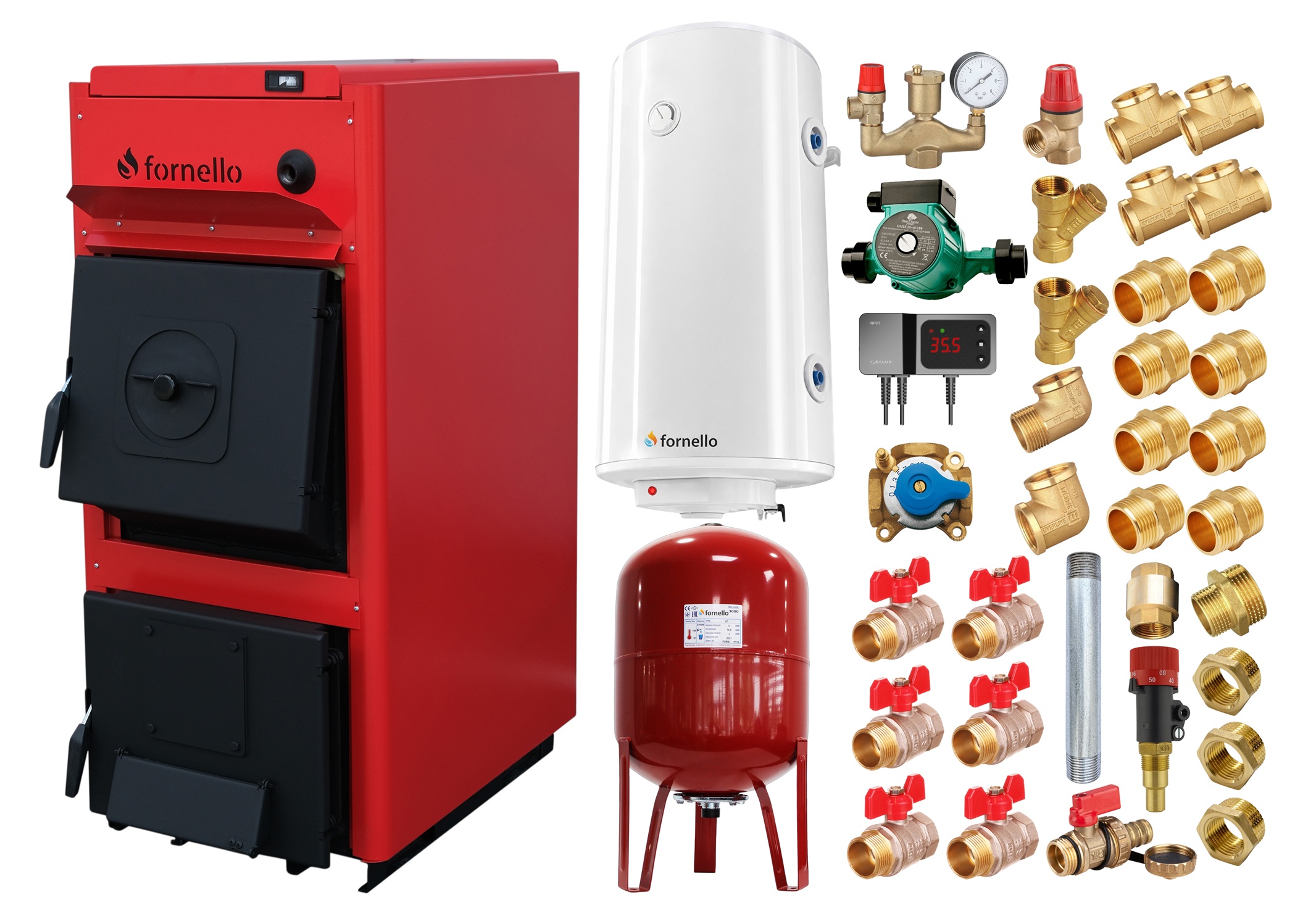 Pachet centrala pe combustibil solid Fornello T-PRO 35 kW, boiler, vas expansiune, fitinguri si accesorii de baza