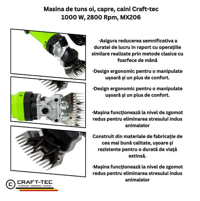 Masina de tuns oi 1000W, electrica, variator de turatie 6 trepte, 2800 rpm, valiza transport, CRAFT-TEC GERMANY MX206 - imagine 3