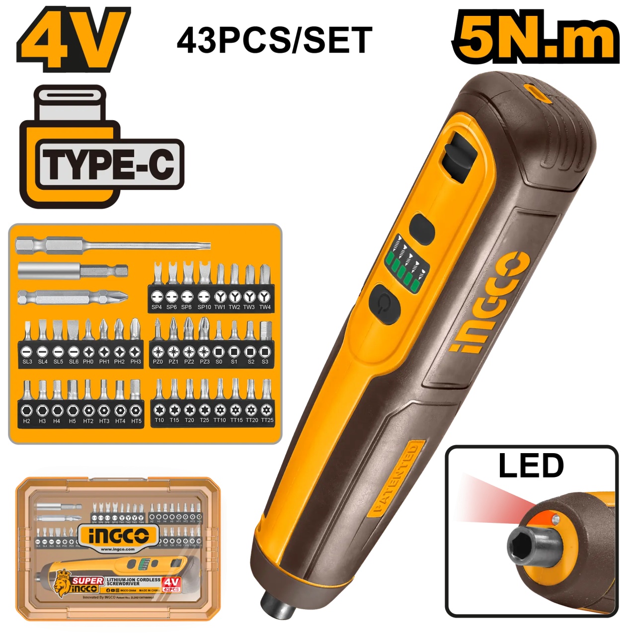 Surubelniță Electrică INGCO 4V 5Nm Set 43 Piese USB-C - imagine 2