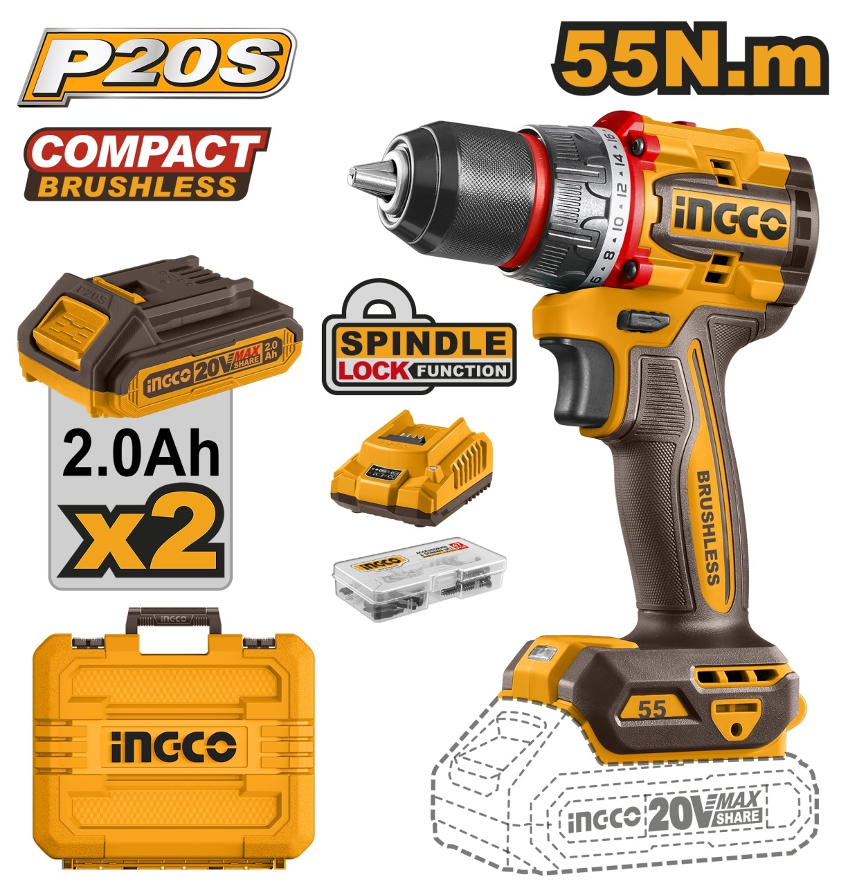 Mașină de Găurit și Înșurubat INGCO 20V 55Nm Brushless