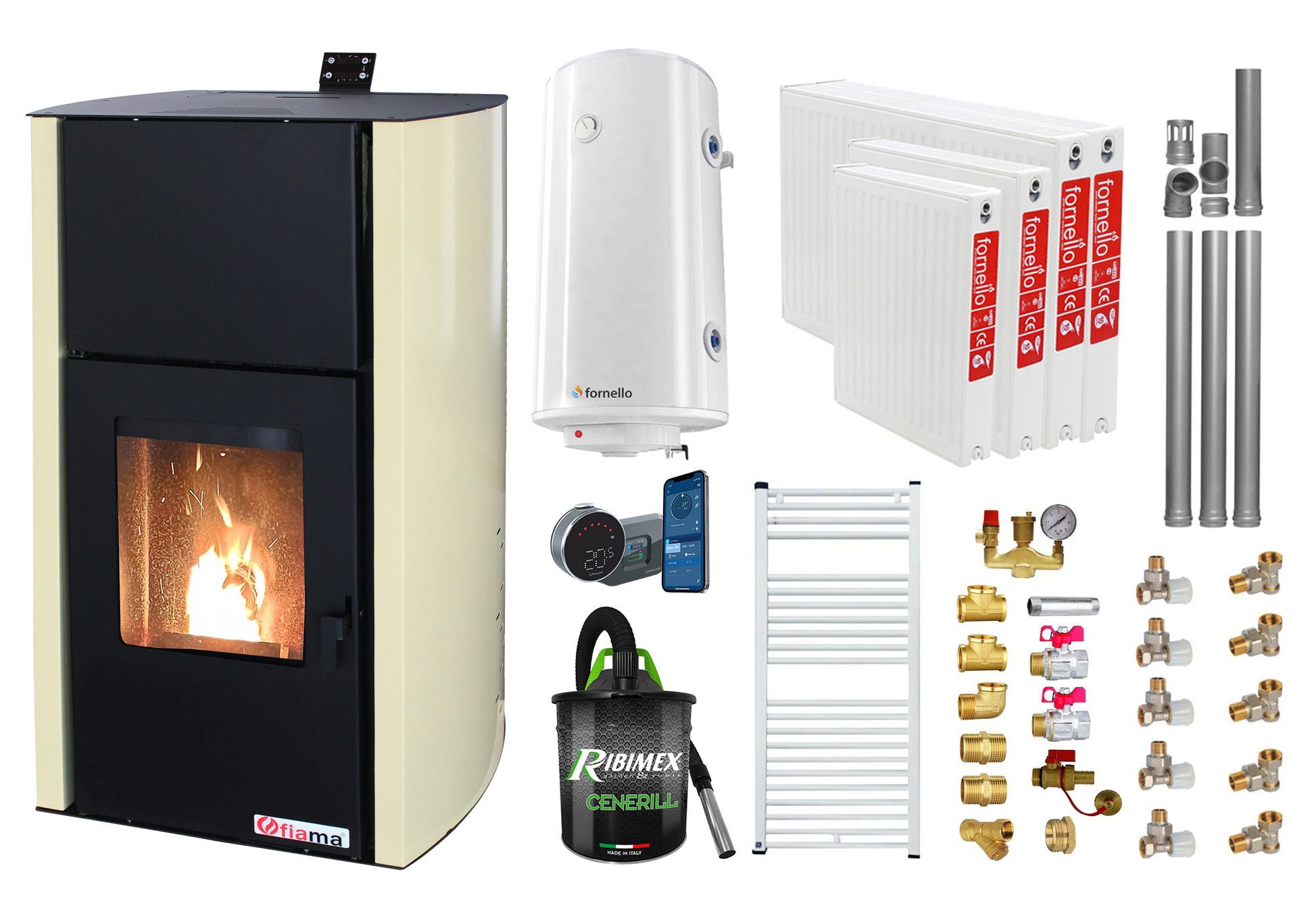 Pachet Termosemineu Peleți Fornello Fiama 30 kW, 200 mp