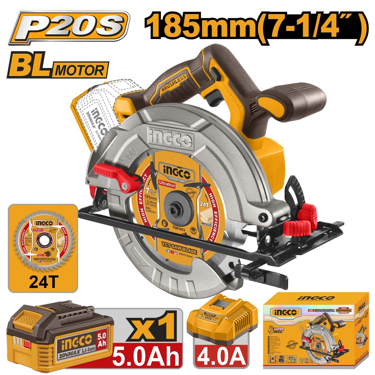 Fierăstrău Circular INGCO 20V 185mm Brushless, cu acumulator