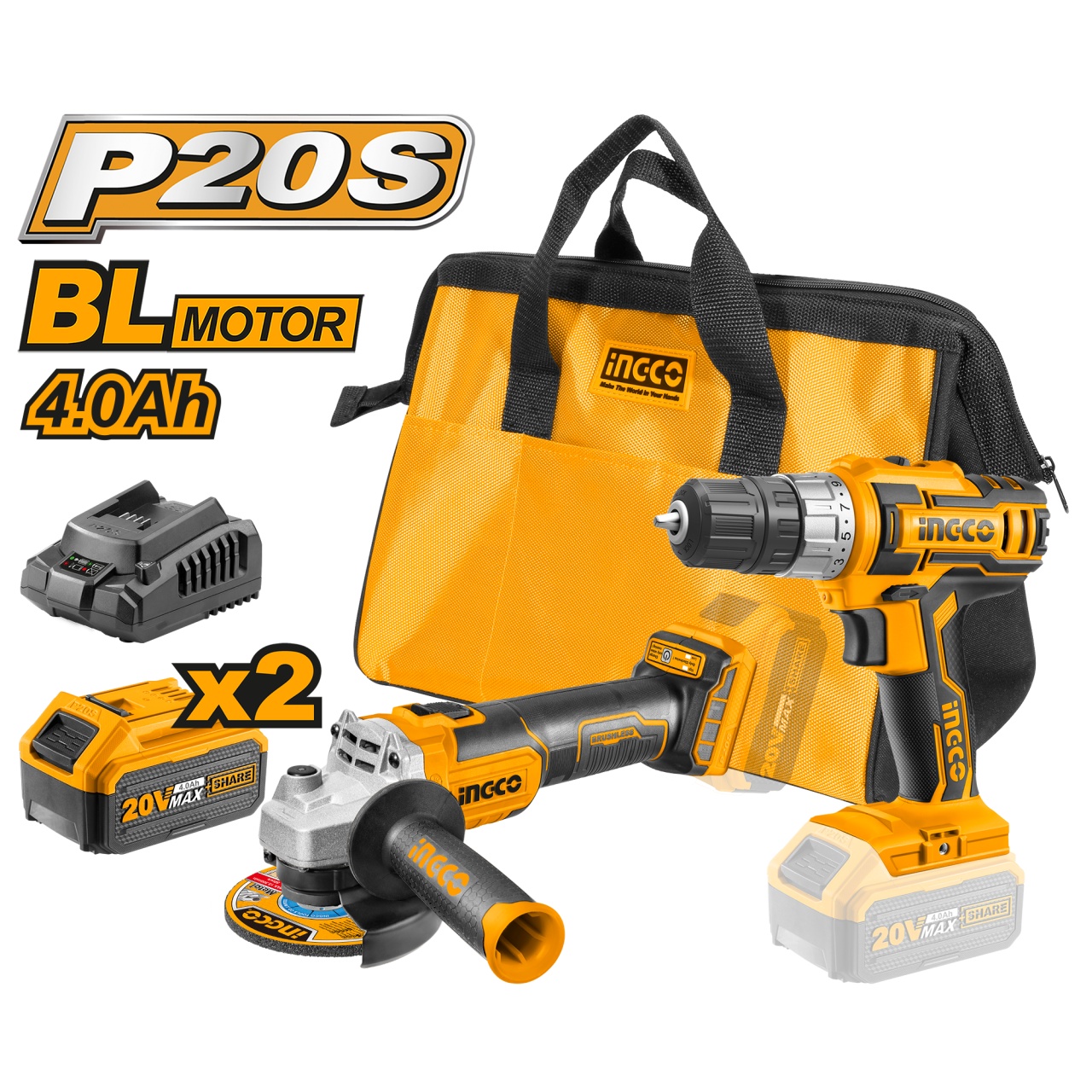 Pachet Bormasina + Polizor Ingco 20V 2x4Ah