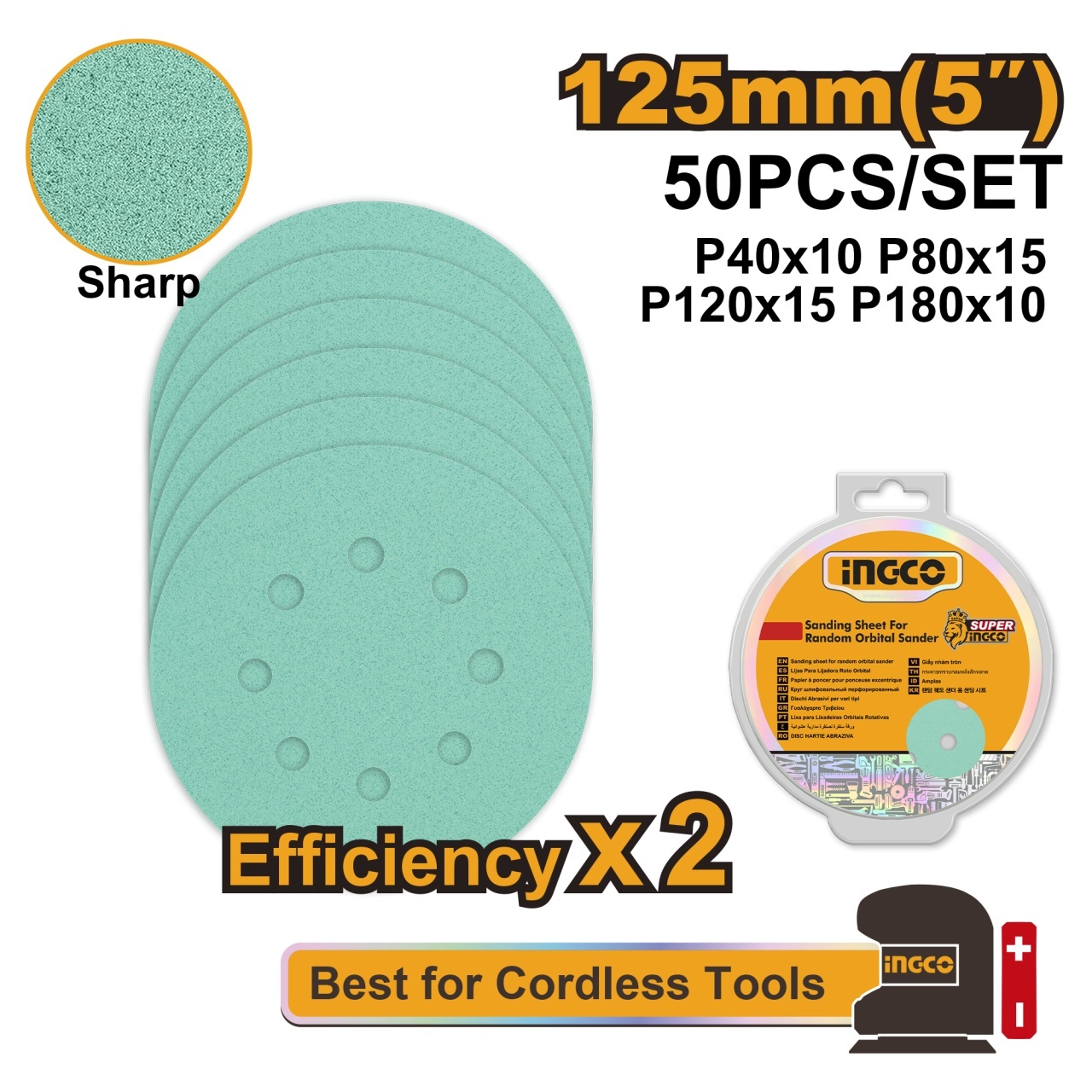 Set Smirghel Ingco 125mm, 50 Buc, P40-P180