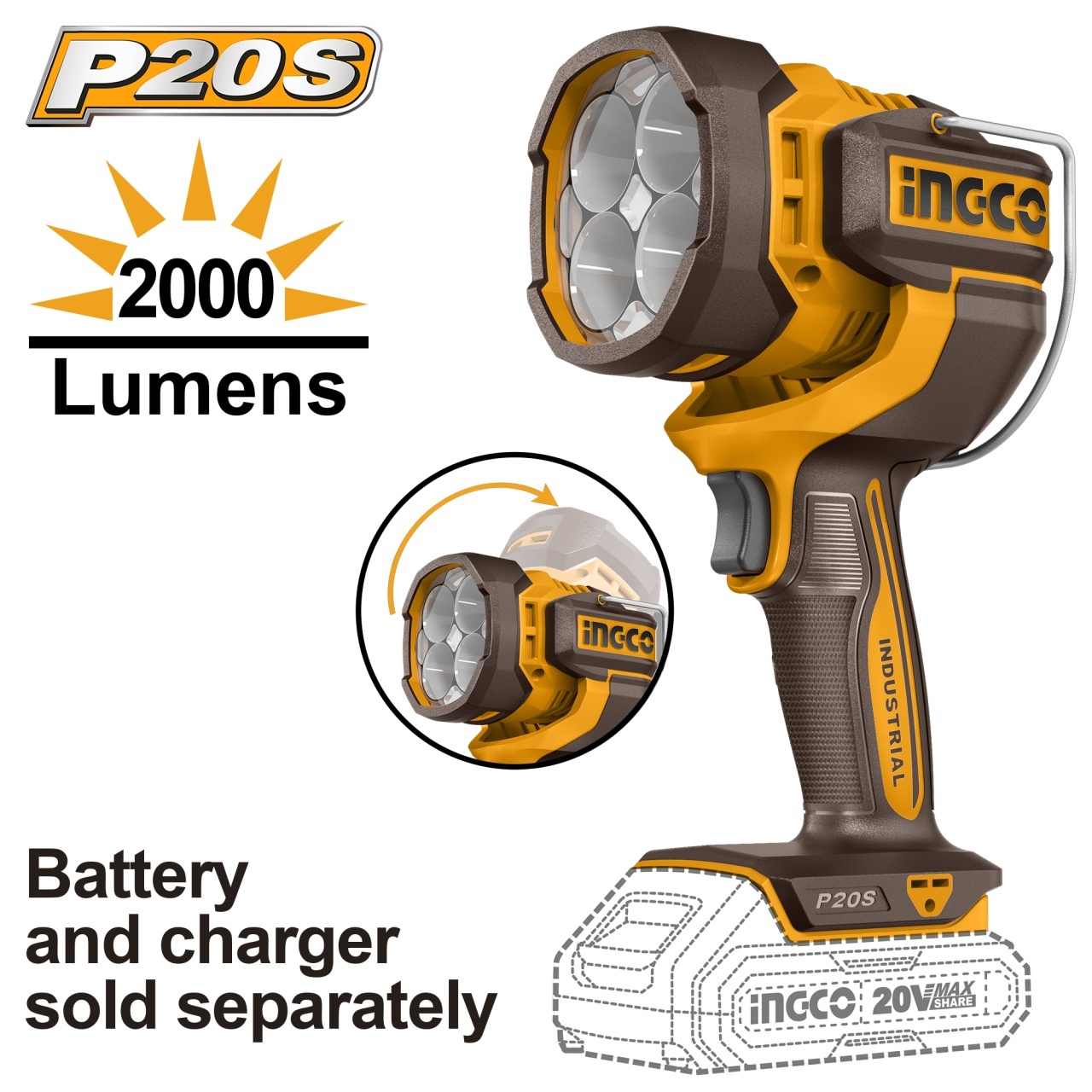 Lanternă LED Ingco CWLI2088 20V, 2000 lumeni, cap reglabil