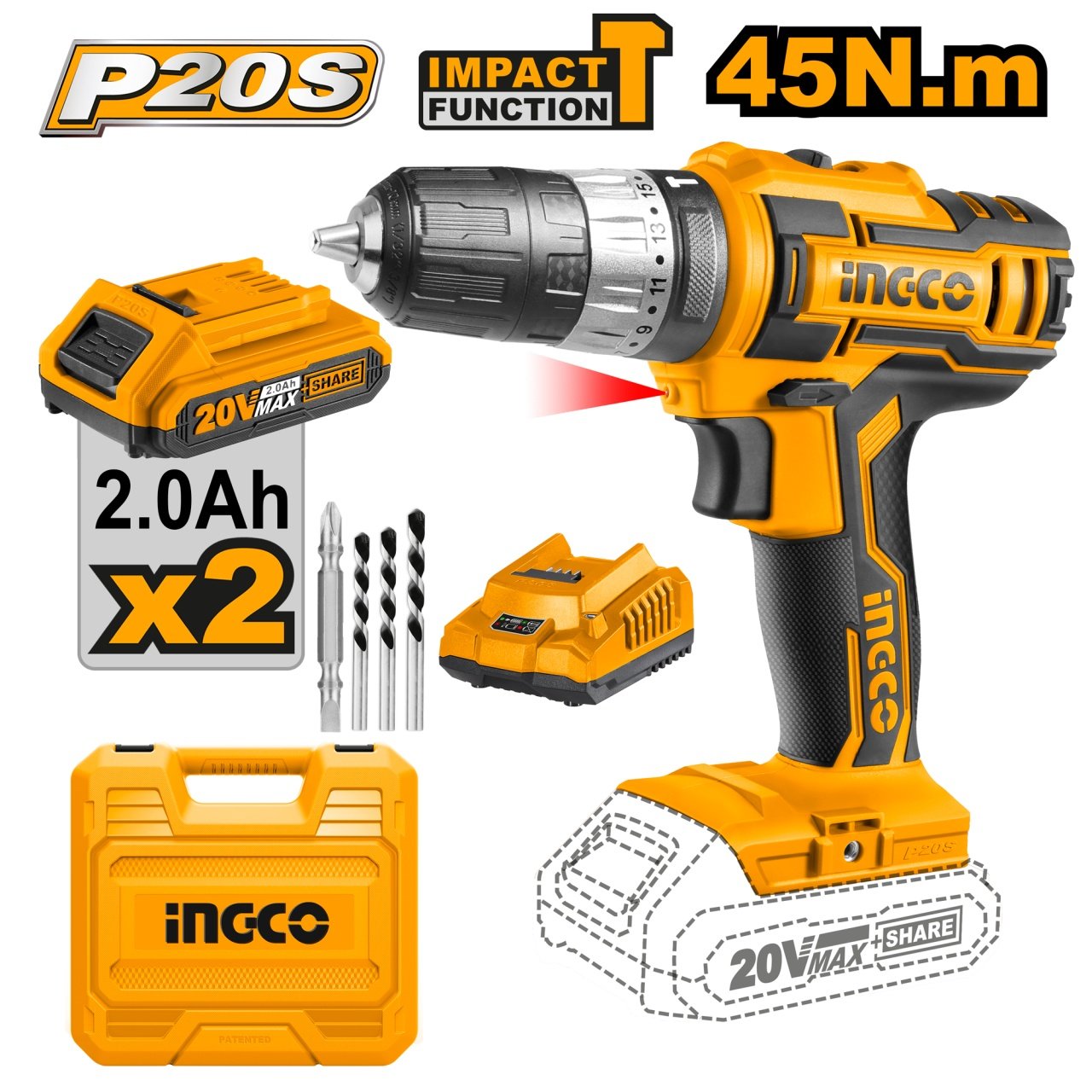 Bormașină Impact 20V 45Nm Ingco - 2 Acumulatori