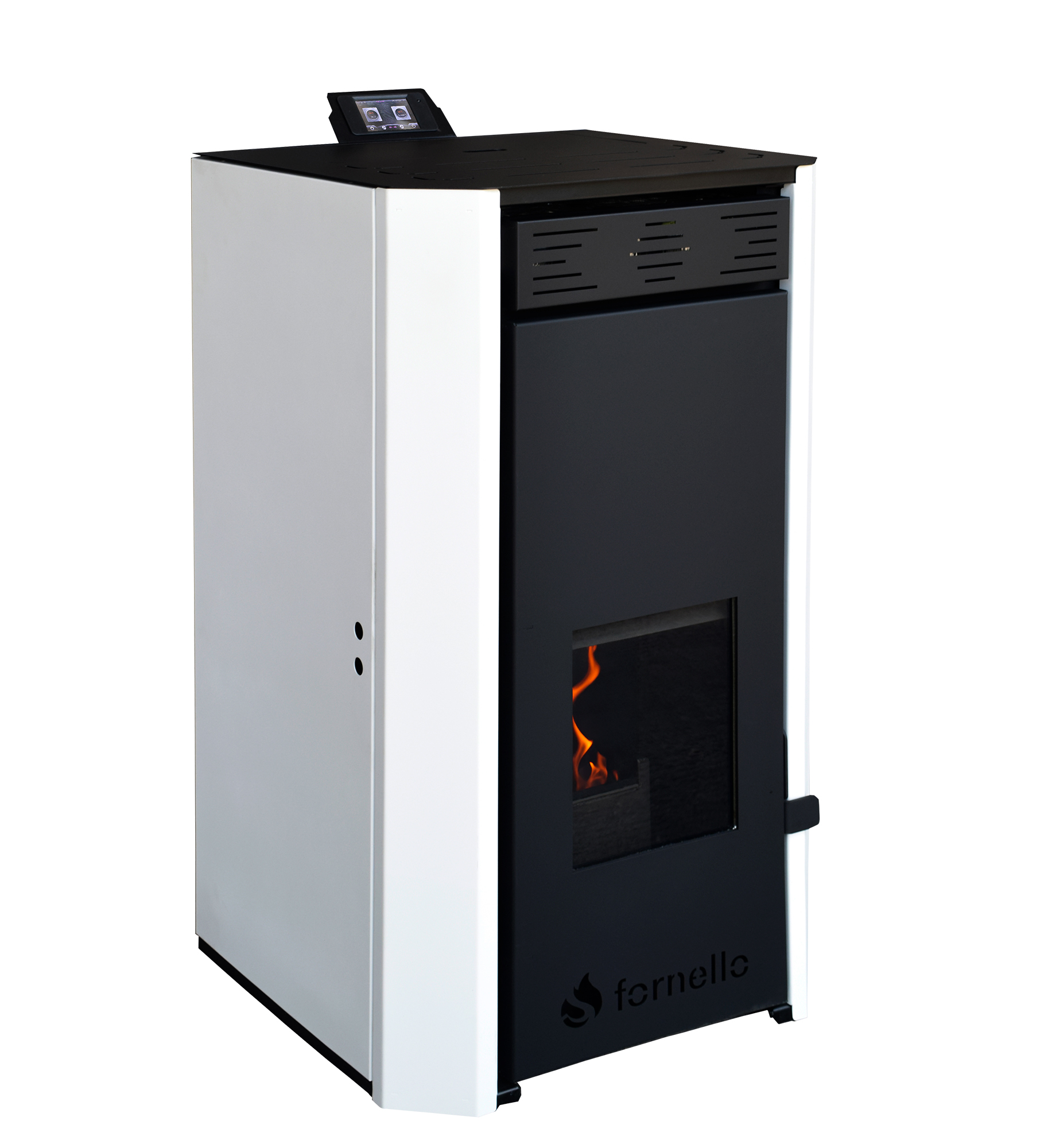 Termosemineu pe peleti Fornello EVA 30 KW, pompa circulatie, vas expansiune, WI-FI, buncar, tiraj fortat, recomandat pentru 200 mp, Alb