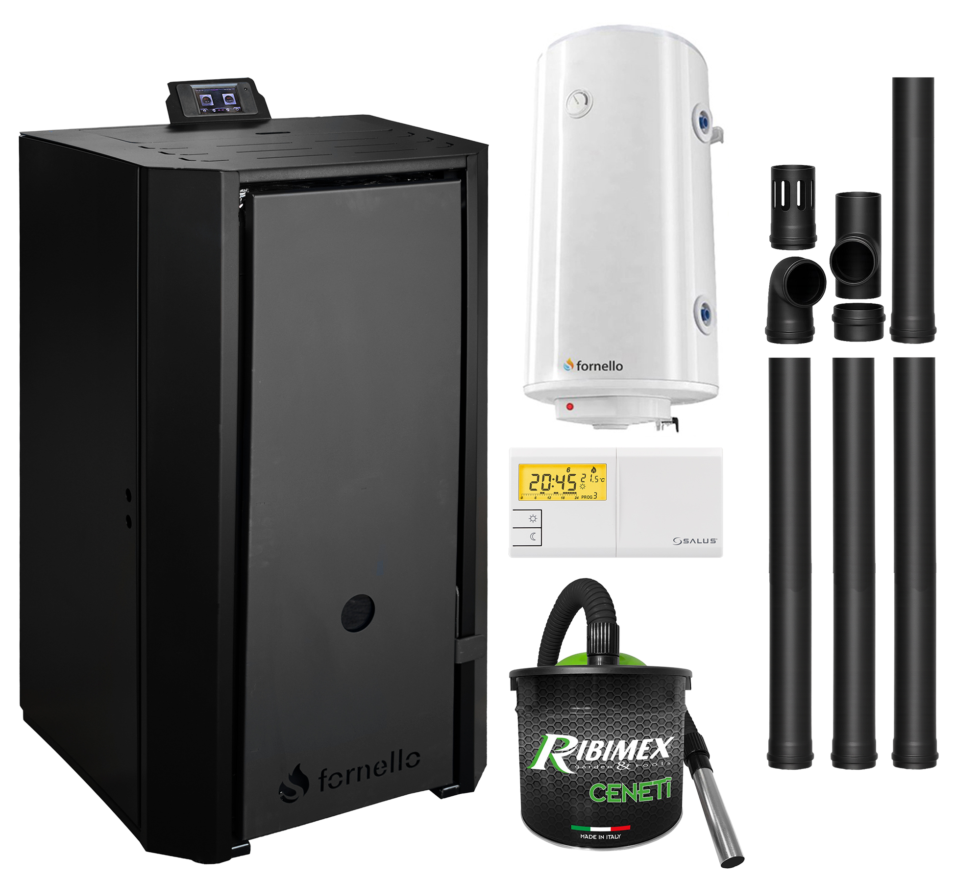 Pachet Centrala pe peleti Fornello EVA B Black 30 KW, pompa circulatie, vas expansiune, Grup siguranta, WI-FI, buncar, tiraj fortat, kit evacuare, termostat Salus 091FLRFV2, aspirator, boiler 100L, Clasa A++, recomandat pentru 200 mp, Negru