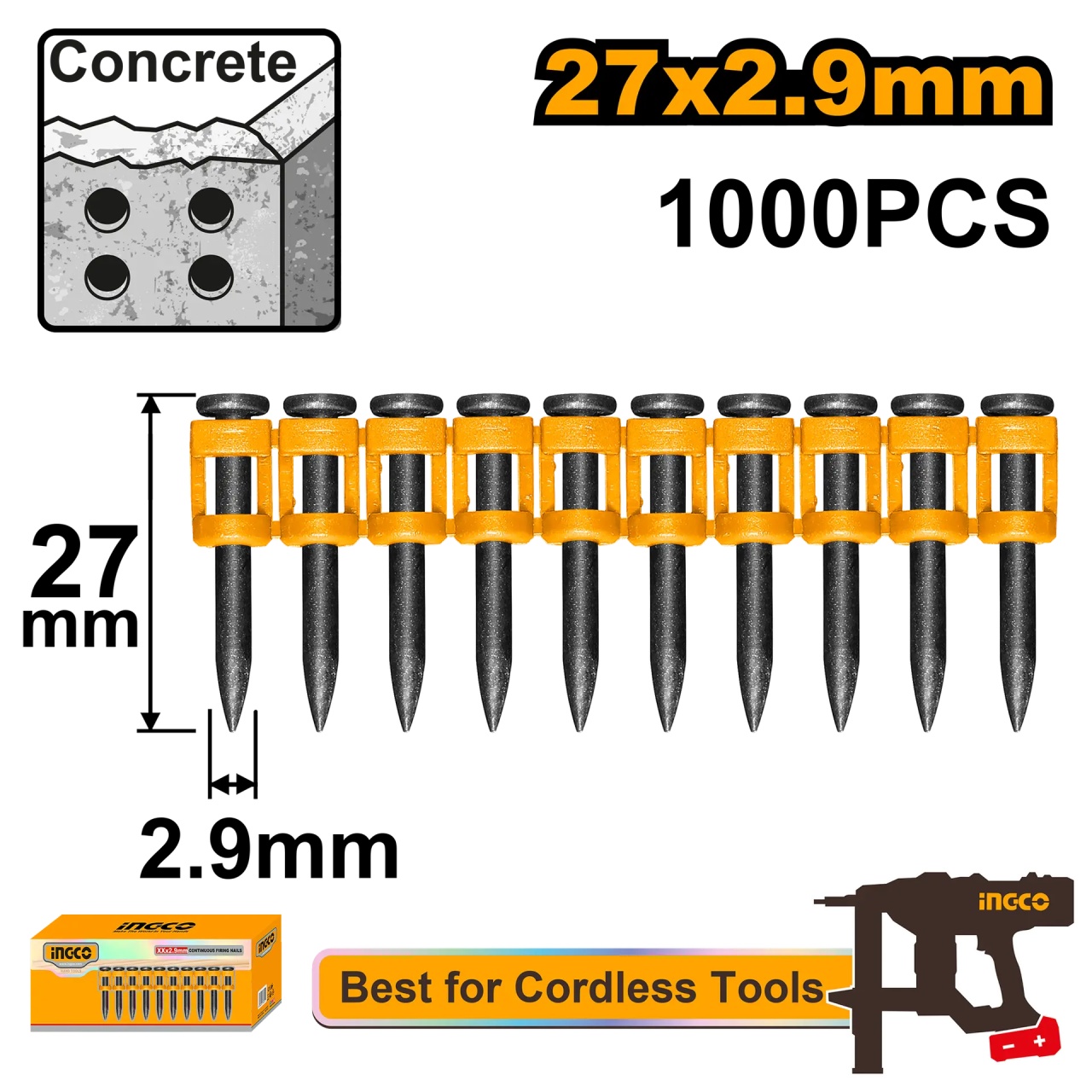 Cuie pentru beton INGCO 32mm, 1000 buc, pistol ACN18641