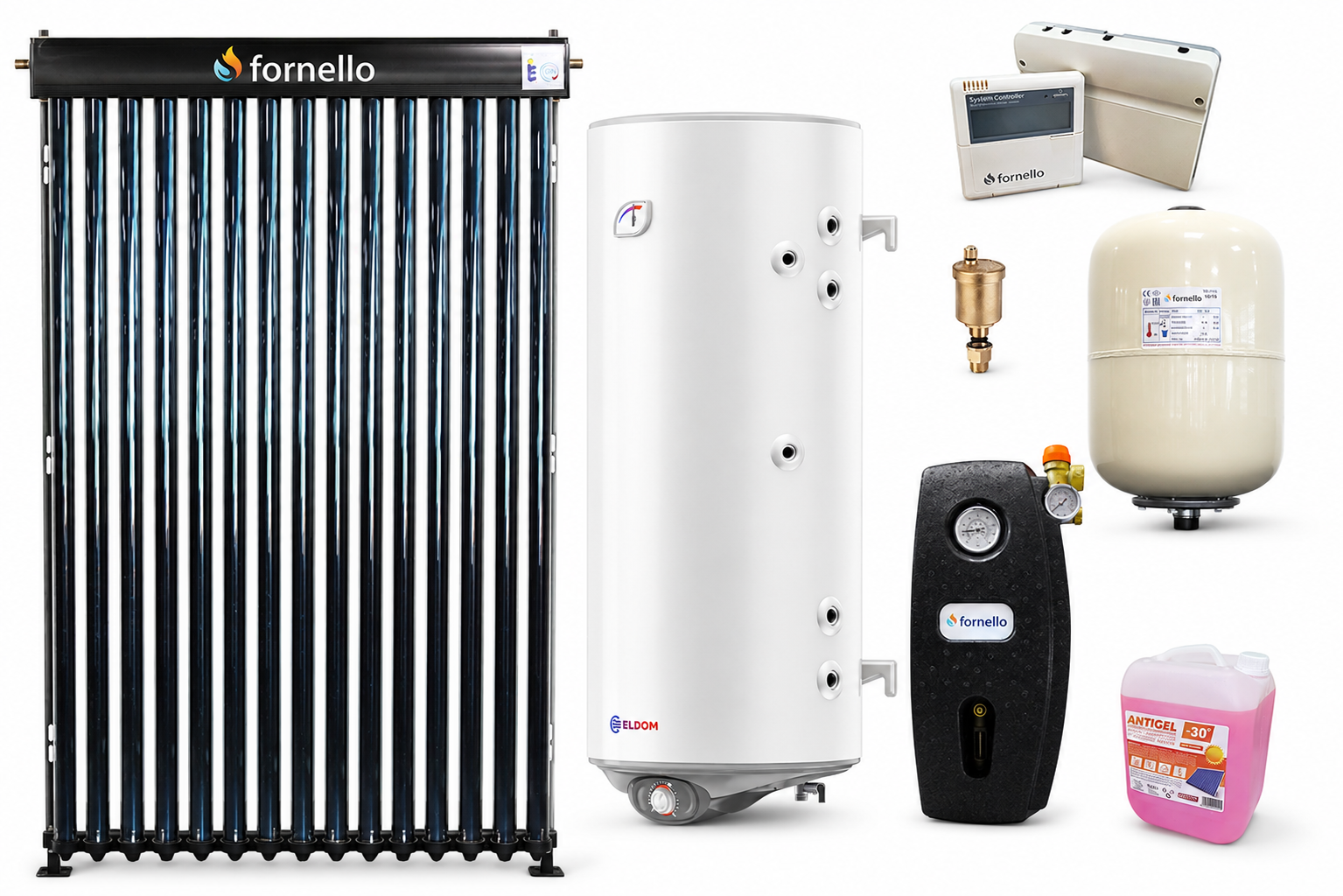 Pachet premium sistem solar presurizat, panou Fornello 15 Tuburi Heat Pipe, Boiler cu 2 serpentine Eldom GREEN LINE 120 litri, controller, vas expansiune, grup pompare, aerisitor, antigel