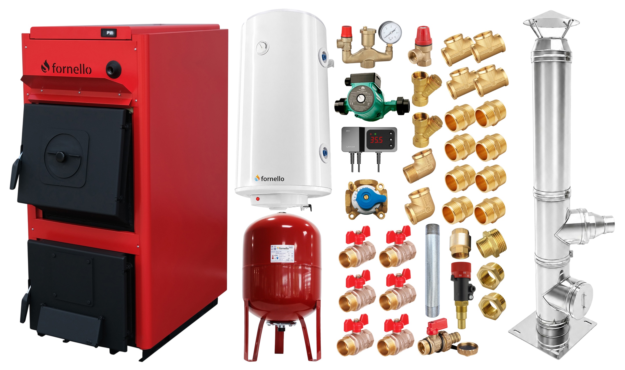 Pachet centrala pe combustibil solid Fornello T-PRO 40 kW, cos inox, boiler, vas expansiune, fitinguri si accesorii de baza
