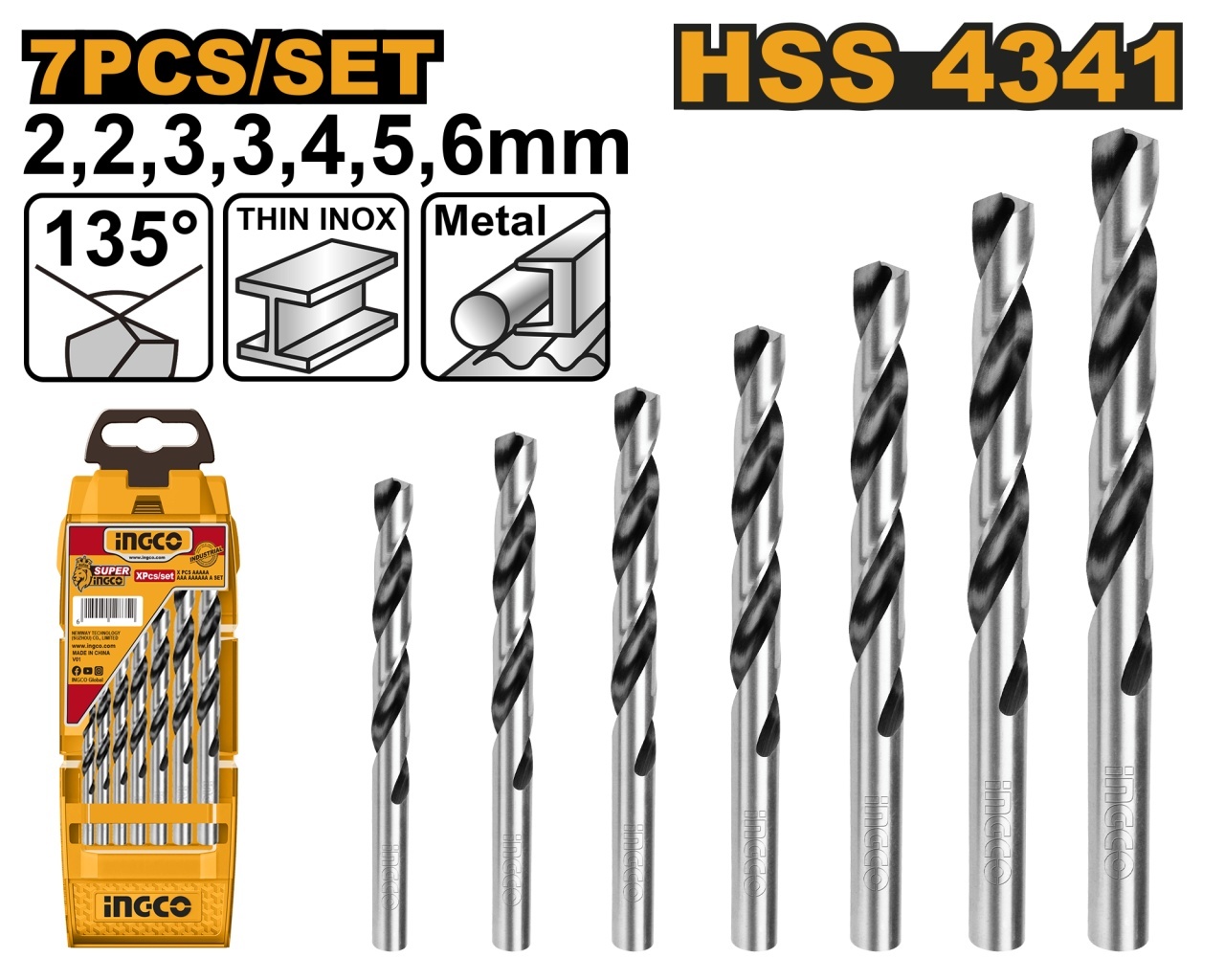 Set Burghie Metal Ingco AKD1075, 7 buc HSS 4341, 2-6 mm
