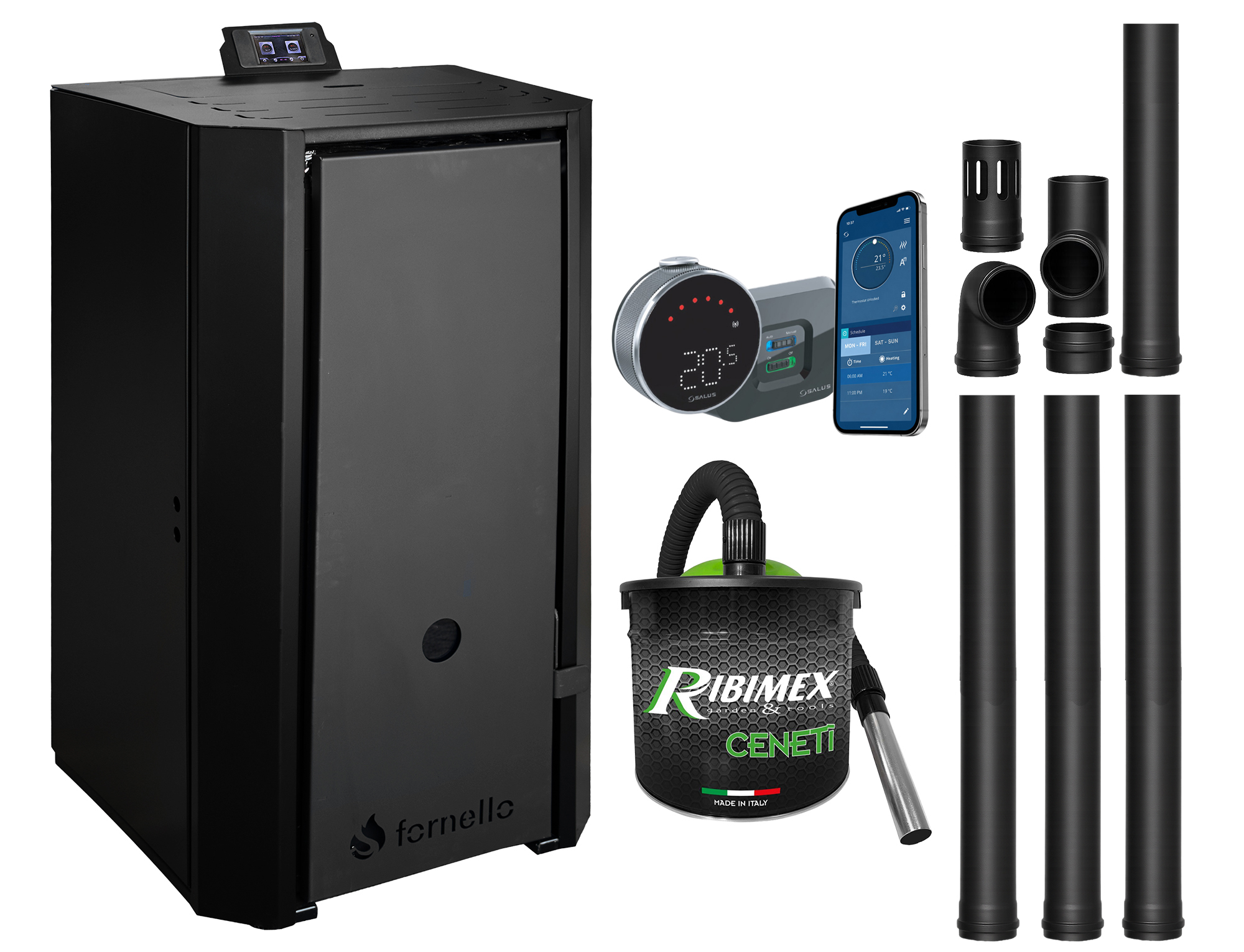 Pachet Centrala pe peleti Fornello EVA B Black 30 KW, pompa circulatie, vas expansiune, Grup siguranta, WI-FI, buncar, tiraj fortat, kit evacuare, termostat Salus IT800, aspirator, Clasa A++, recomandat pentru 200 mp, Negru