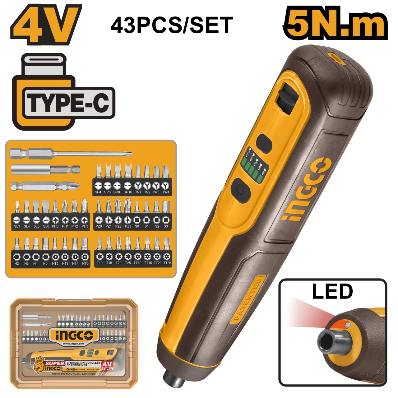 Surubelniță Electrică INGCO 4V 5Nm Set 43 Piese USB-C