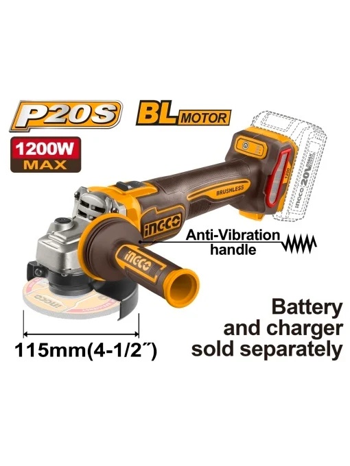 Flex unghiular INGCO CAGLI212025, 20V Brushless, 115mm