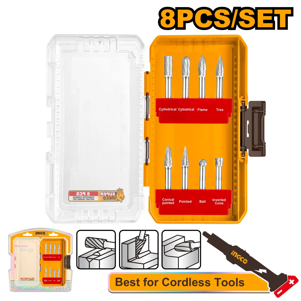 Set Freze Biax Ingco 8buc Carbură Tungsten 6mm AKDL10801 - imagine 2