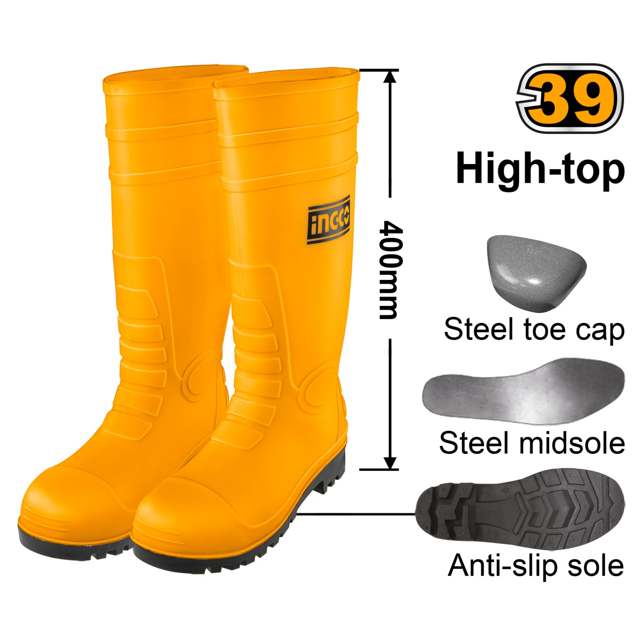 Cizme Cauciuc Galbene INGCO cu Varf Metalic - imagine 2