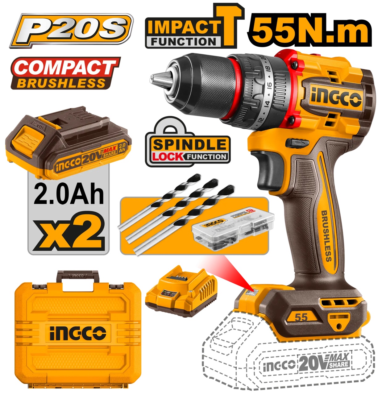 Bormașină cu Impact 20V 55Nm Ingco, Motor Brushless
