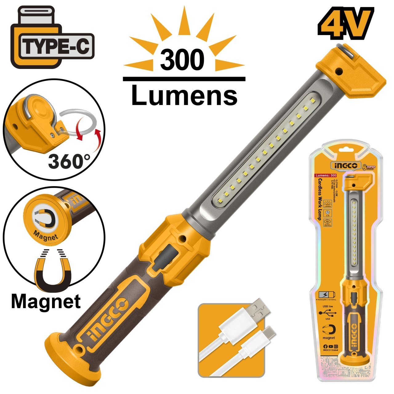 Lanternă Auto Ingco USB-C 300lm Magnet și Cârlig HWLI043006