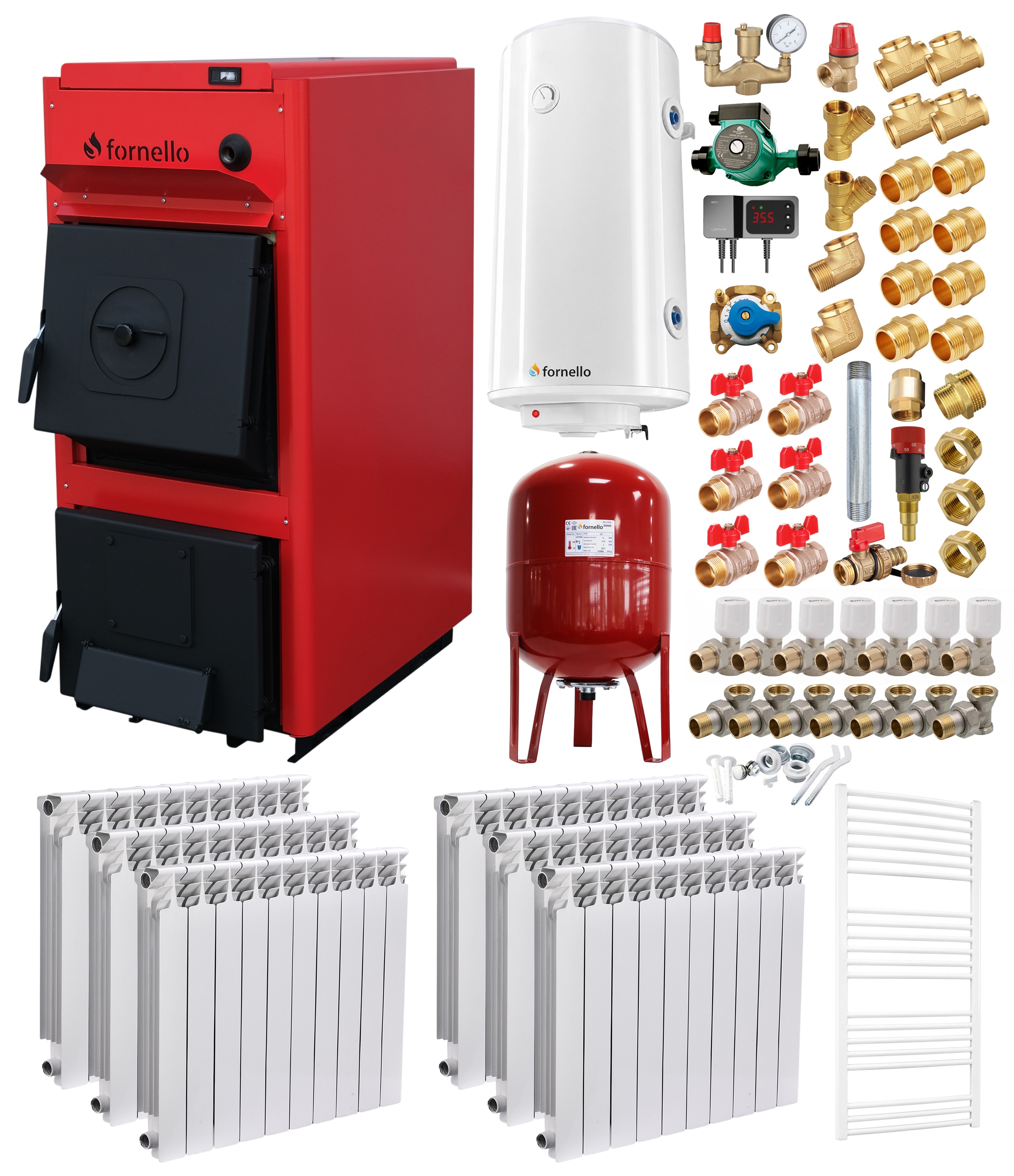 Pachet centrala pe combustibil solid Fornello T-PRO 35 kW, calorifere aluminiu, boiler, vas expansiune, fitinguri si accesorii de baza