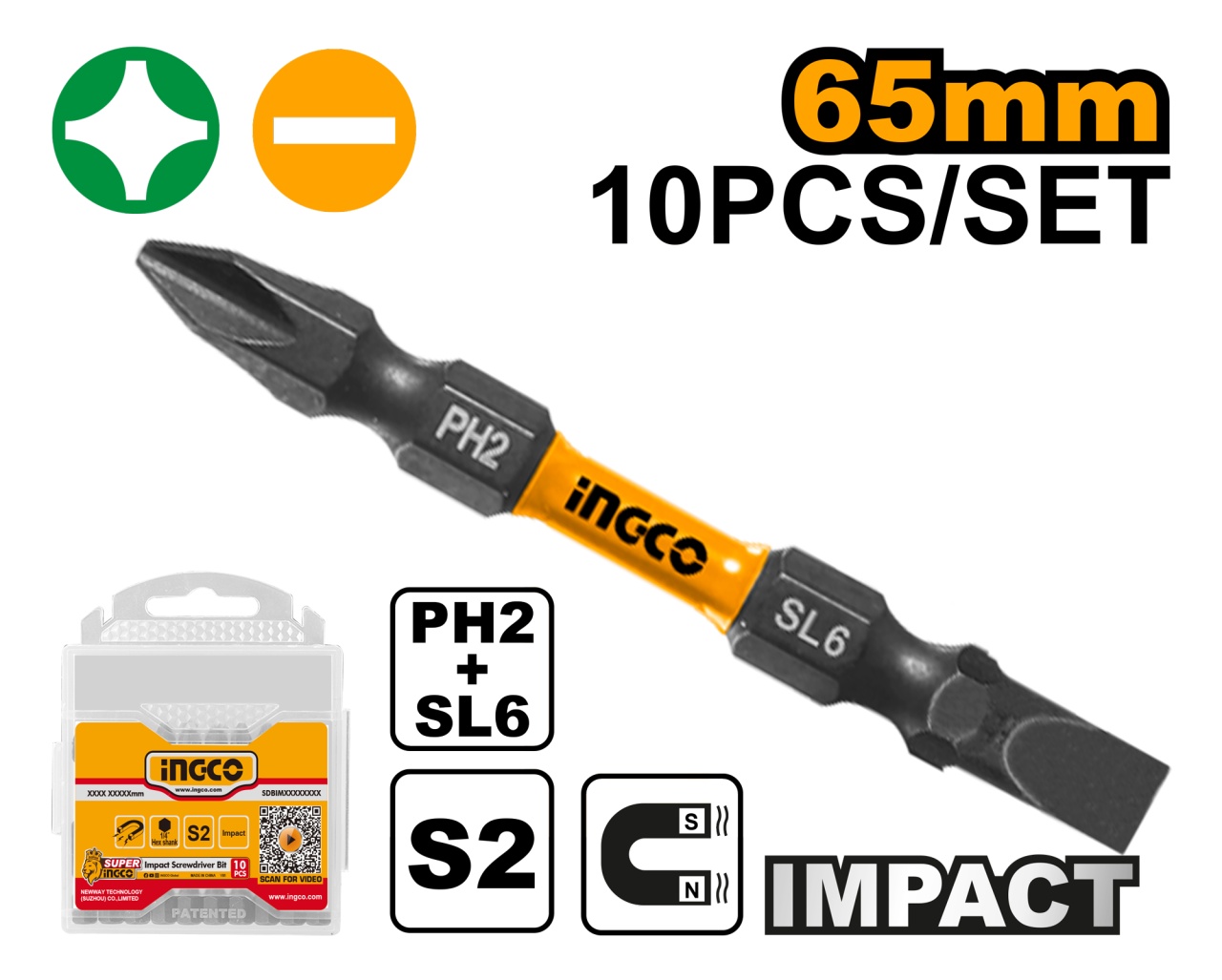 Set Biți Impact PH2/SL6 10 Buc INGCO