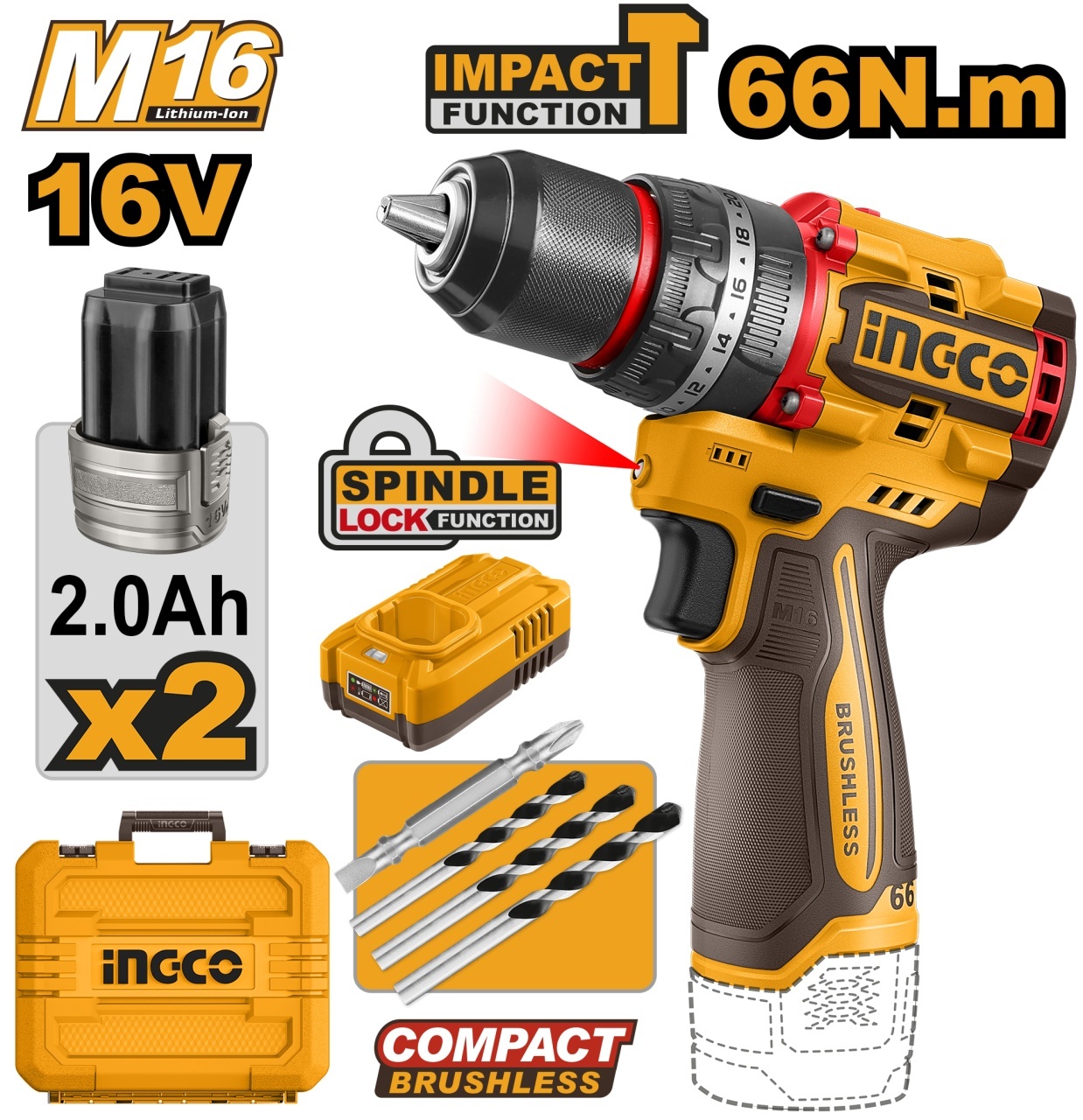 Bormașină cu Impact Ingco 16V 66Nm Brushless, 2 Acumulatori