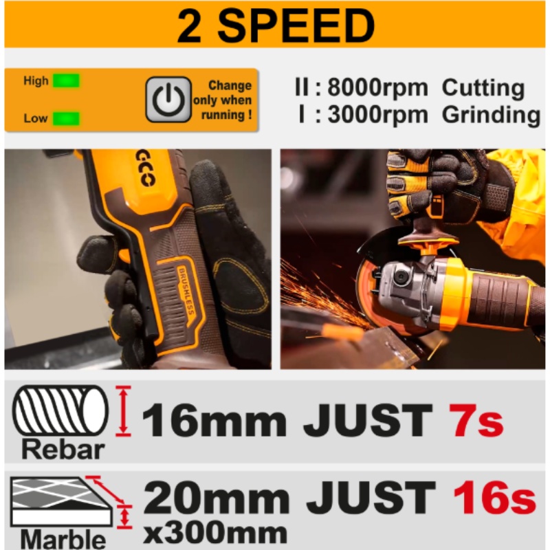 Flex unghiular INGCO CAGLI2111561E, 20V, Brushless, 115mm, 1000W, 3 trepte viteza, maner anti-vibratii, platforma P20S, 1 acumulator 4Ah, incarcator, 10 discuri si cutie transport - imagine 3