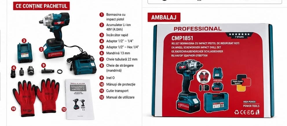 Cheie de impact 48V 450Nm Campion CMP1851, 2 acumulatori - imagine 5