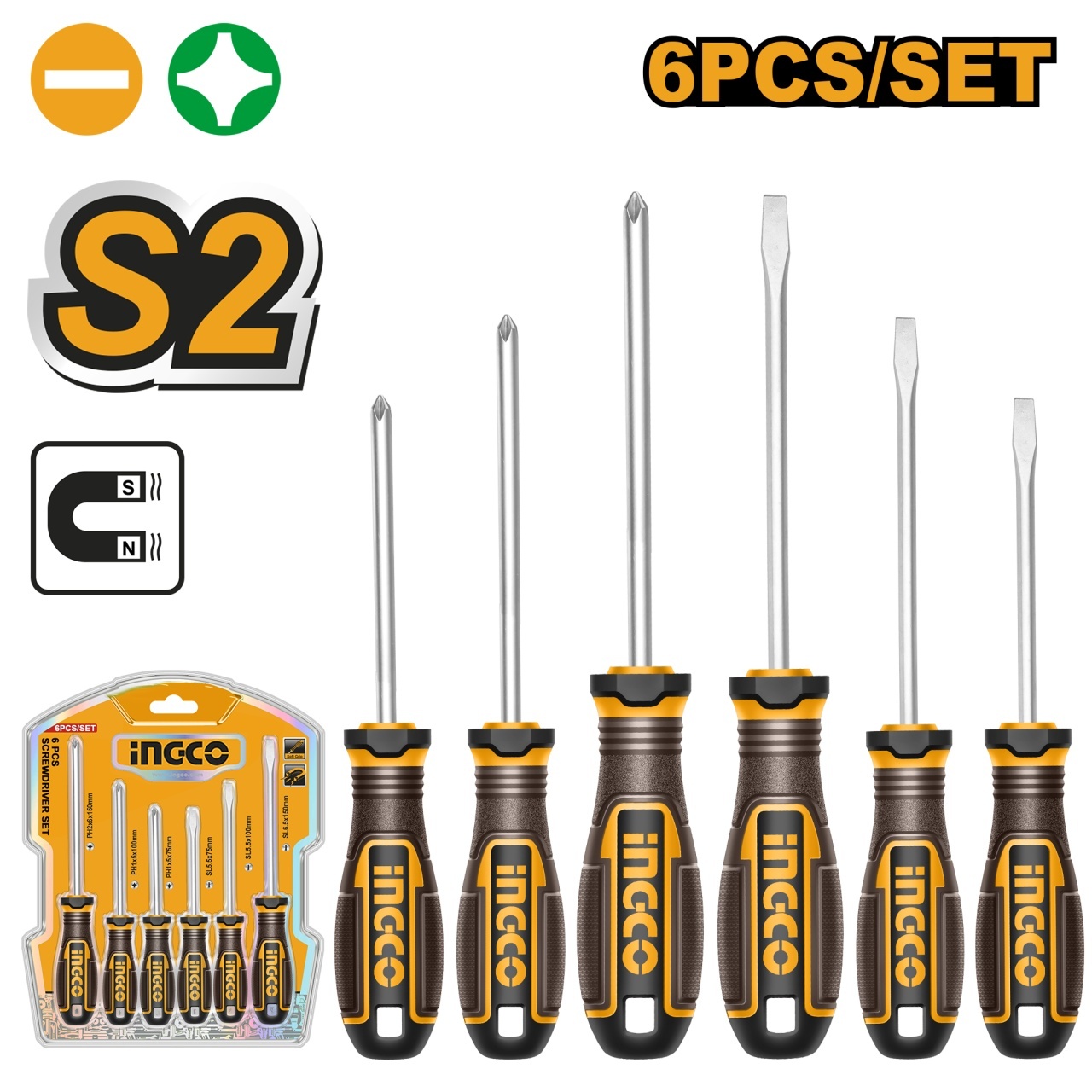 Set Surubelnite Ingco 6 buc cu Vârf Magnetic, Oțel S2