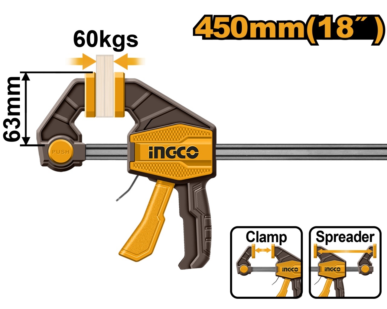 Presa fixare rapidă tip F Ingco 63x450 mm, forță 60 kg - imagine 3
